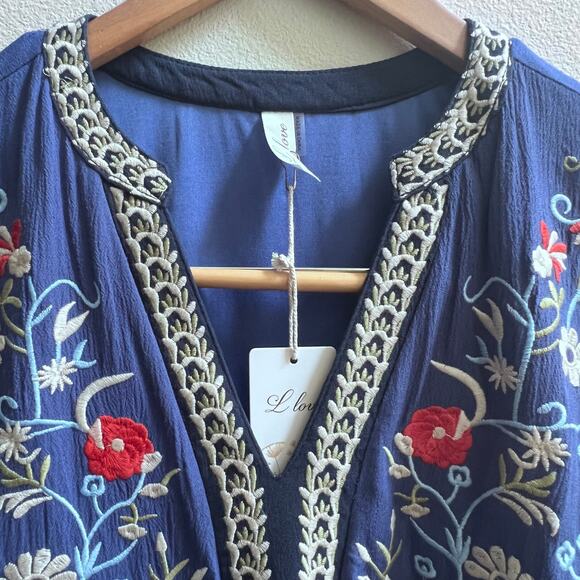 NEW Womens Floral V-Neck Embroidery Bohemian Flowy Love Blue Dress Long Sleeve L - Picture 4 of 10